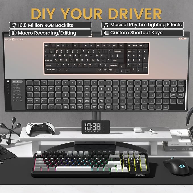 Redragon K742 Wireless Mechanical Gaming Keyboard with Knob for PC Computer | Bluetooth 5.0/2.4GHz/USB C Wireless Creamy Keyboard with Number Pad, RGB Backlits, Hot-Swappable with Linear Switches (Black) - Image 4