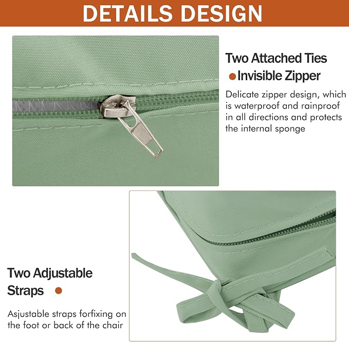 Outdoor Chair Cushions Set of 4, 19 x 19 x 3 Inch Seat Pads | Waterproof Patio Chair Cushions with Tie, Fade Resistant Cushions for Outdoor Furniture Garden Lawn, Sage Green - Image 5