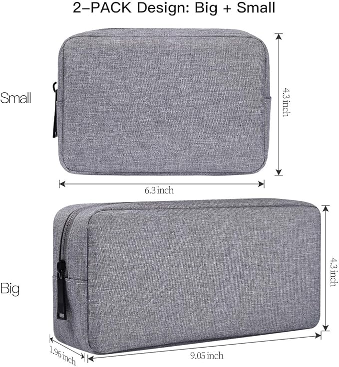 Portable Electronics Accessories Storage Bag, 2PCS Big + Small Carrying Case Travel Cable Organizer Cosmetic Bag Pouch Compatible Hard Drive, Power Bank, Mouse, Laptop Charger, Cellphone, Gray - Image 2