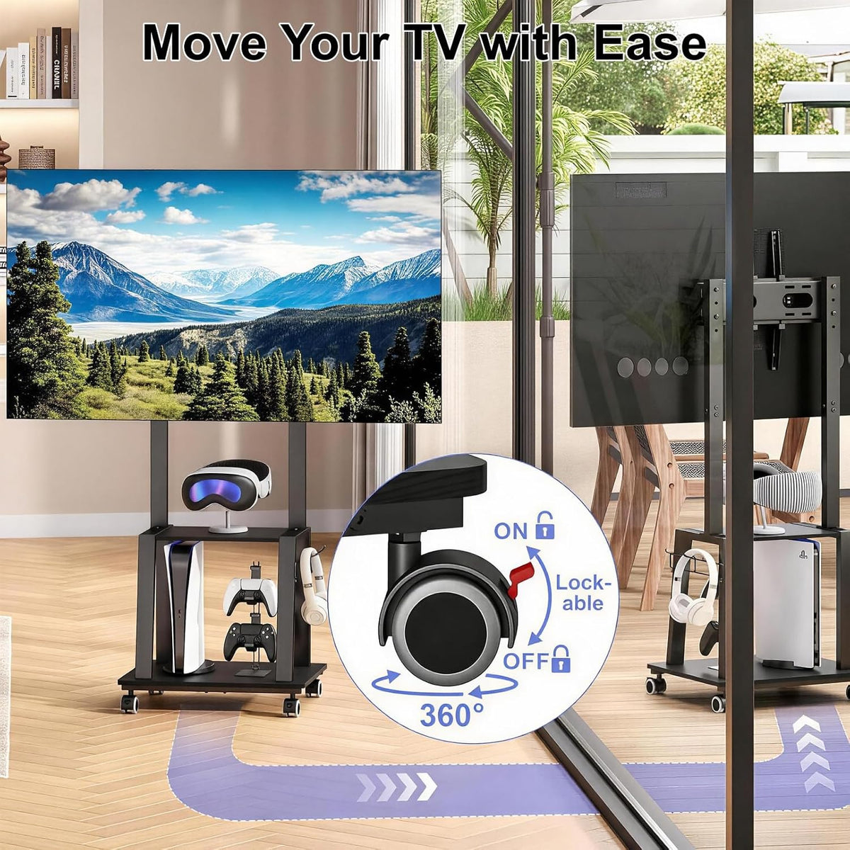 Rolling TV Stand on Wheels for 23-60Inch Flat/Curved Screen TVs,Tilt Mobile TV Cart with 2 Shelves,Portable TV Stand with Adjustable Height Holds up to 50lbs for Indoor Outdoor Max VESA 400x400mm - Image 4