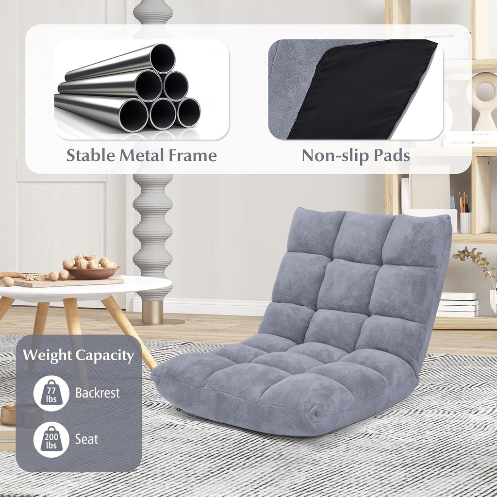 14-Position Floor Sofa, Folding Gaming Sofa Chair, Comfy Cushions & Study Steel Frame, Angle Adjustable Sleeper Bed, Couch Recliner (Grey) - Image 6