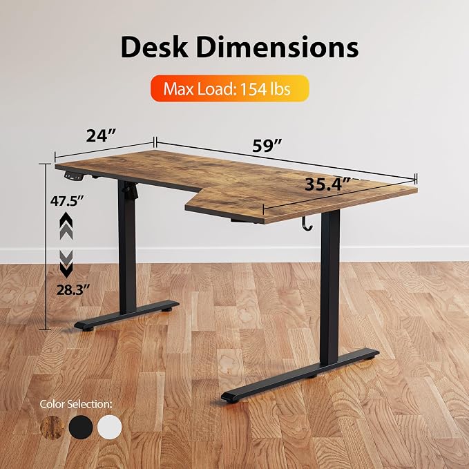 Agilestic 59 x 35 Inch Corner L Shaped Electric Standing Desk, Rustic Brown | Electric Height Adjustable, L-shape Workspace, Sturdy Steel Frame, Memory Preset, Hooks, 154 lbs, Easy Assembly, Splice Board - Image 3