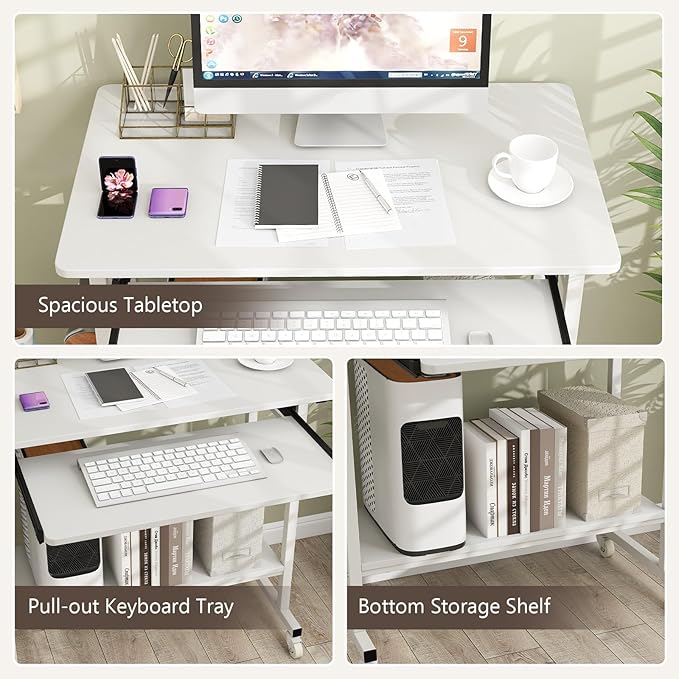 Tangkula Rolling Computer Desk Cart with Keyboard Tray, Mobile Portable Laptop PC Desk with CPU Stand & 3 Hooks for Sofa & Bed, Compact Small Desk on Wheels for Small Spaces (White) - Image 6