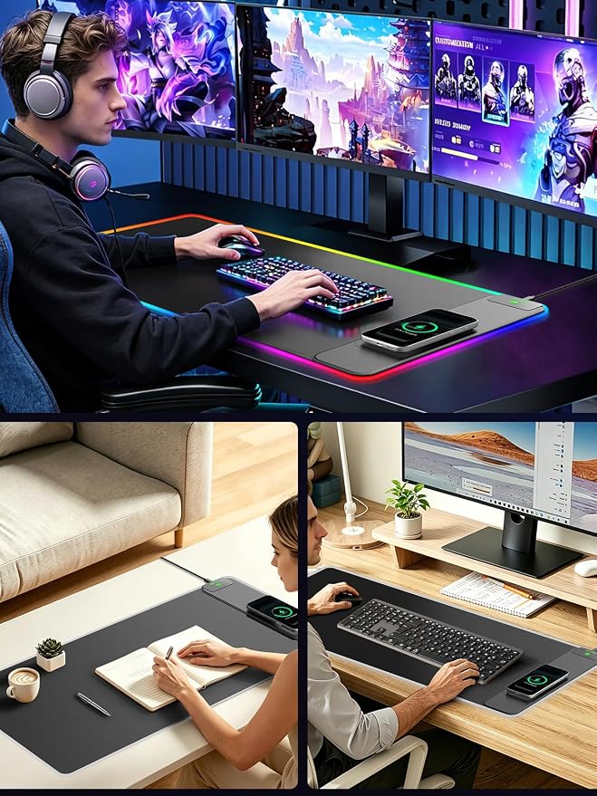 Wireless Charging Mouse Pad Gaming, 31.5"x15.8" Large Desk Mat, Waterproof | RGB Mousepad, Smooth Glide, Stitched Edge, Non-Slip Rubber Base, Desk Pad Computer Keyboard Mat, No Adapter - Image 8