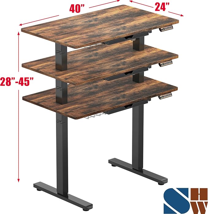 SHW 40-Inch Electric Height Adjustable Standing Desk w/Drawer, Rustic Brown | w/ Memory Presets and Cable Management | Drawer with adjustable compartments | Hanging Hooks - Image 2