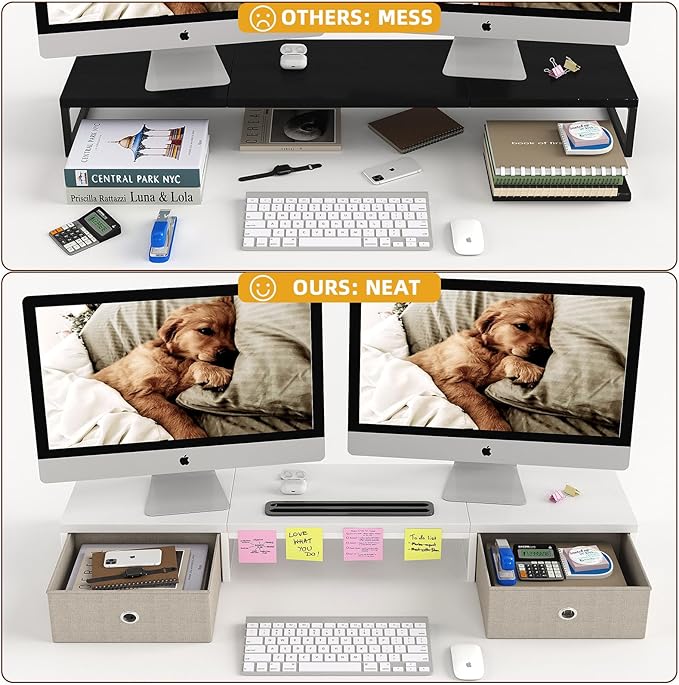 39 Inch Dual Monitor Stand Riser with 2 Drawers - Large White Wooden Computer Stand for 2 Monitors, Ergonomic Desk Organizer with Phone Holder, Desktop Storage for Laptop, Office Supplies, Home Office - Image 4