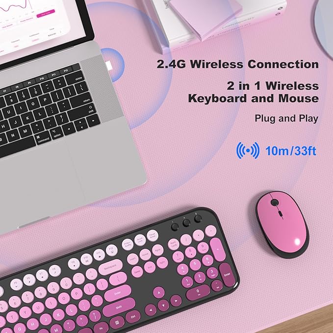 MOFII Wireless Keyboard and Mouse Combo,2.4G Typewriter Keyboard Quiet Mice | Retro Full Size Computer Keyboards, Cute Mouse, USB Dongle Plug and Play, for PC,Laptop,Desktop,Windows (Black Pink Gradient) - Image 2