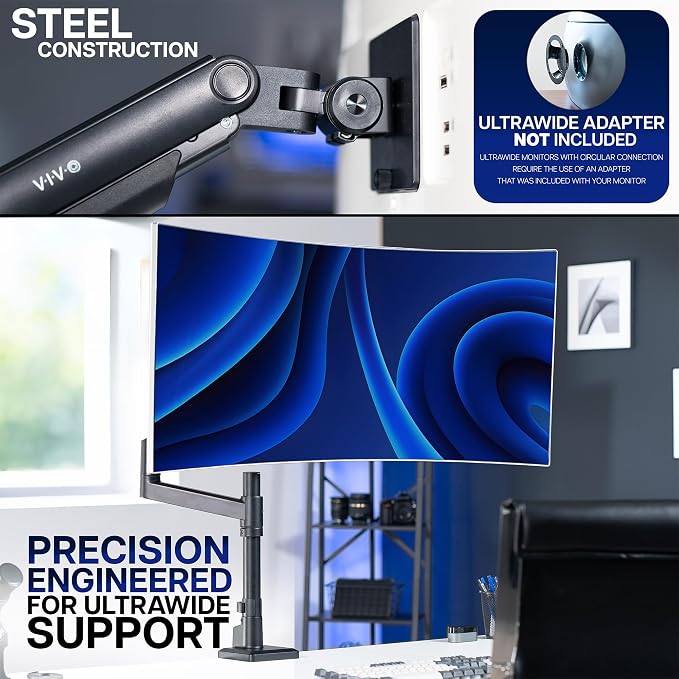 VIVO Aluminum Ultrawide Monitor Tension Stand with Extension Pole for up to 49 inch Screens, Holds 44 lbs, Premium Desk Mount Designed for Samsung Odyssey G9 and More, Black, STAND-POLE1V - Image 7