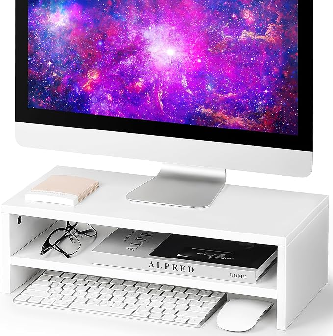 BEYGORMMonitor Stand Riser, White, 16.5 inch, 2 Tiers Wood Desk Shelf | Computer Screen Stand with Storage, For Desktop Laptop/Screen/TV/PC/Printer 16.5"L x 7.8"W x 5.2"H by BEYGORM