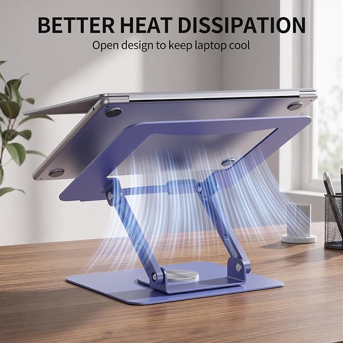 SOUNDANCE 360 Rotating Laptop Stand, Ergonomic Computer Riser for Desk, Adjustable Height Multi-Angle Metal Holder, Foldable Portable Notebook Elevating Base for Office & Home, Purple - Image 5
