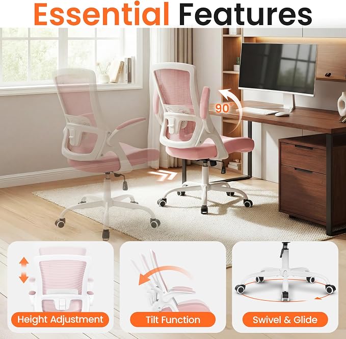 NEO CHAIR Office Desk Mesh Chair with Adjustable Ergonomic Lumbar, Pink | Breathable Mesh Back Support with Flip-Up Armrests and Wide Seat Cushion for Comfortable Home Office Work and Gaming Setup - Image 4
