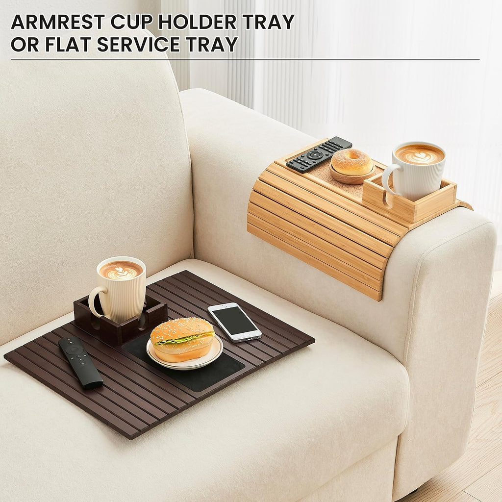 Bamboo Sofa Arm Tray Table, Foldable Couch Cup Holder, Anti-Slip Wide Couch Arm Tray Aremrest Table for Drink, Cup, Remote, Snacks, Cellphone, Portable, Bamboo/Cork Color - Image 6