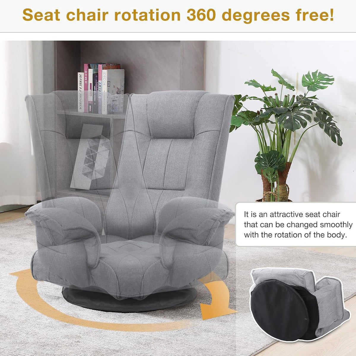 Ergonomic Swivel Floor Gaming Chair with Armrests & Side Pockets, 6-Position Reclining Sofa Bed, Foldable Padded Lounger with Thick Cushion & Lumbar Support for Esports, Reading, TV Watching, Beige - Image 3