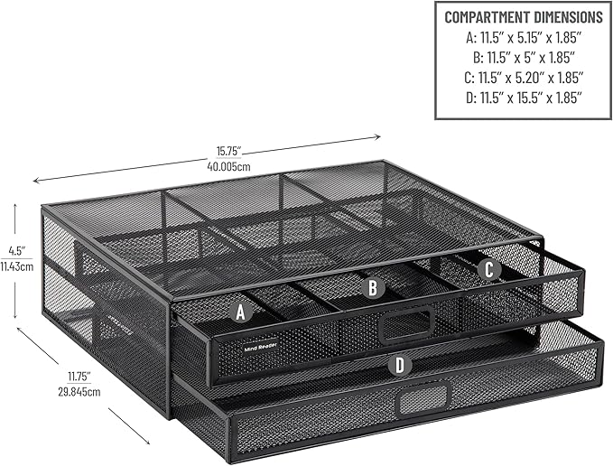 Mind Reader Monitor Stand, Ventilated Laptop Riser, Storage Drawer, Office, Metal Mesh, Black - Image 3