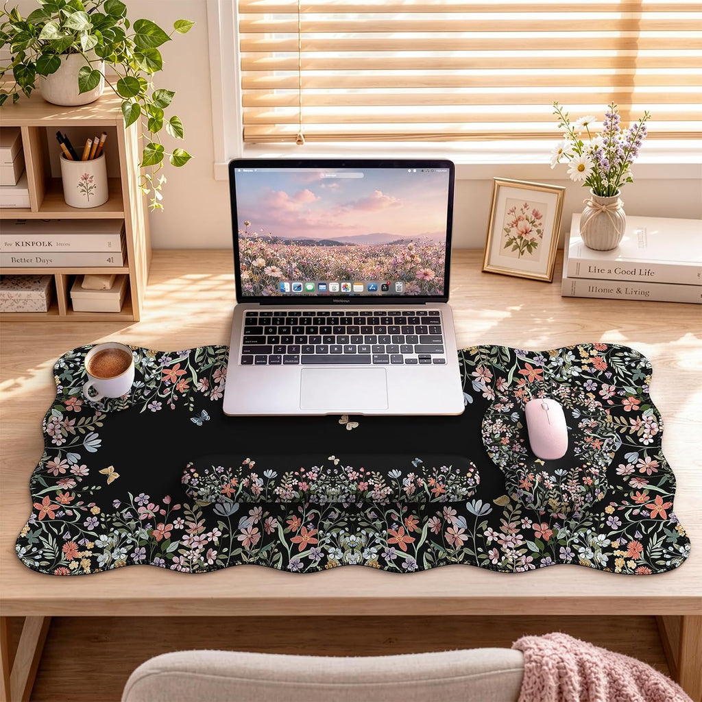 iLeadon Cute Desk Mat Set, Scalloped Floral Desk Mat Keyboard Mouse Pad Set - Image 8