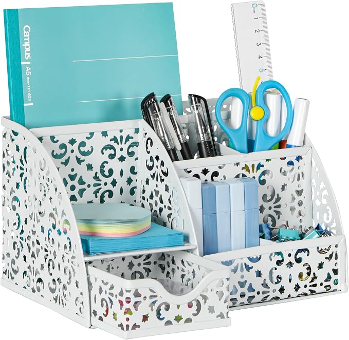 EasyPAG Desk Organizer and Pen Holder for Desk, Mesh Office Supplies Storage Caddy with Drawer for Small Space, Desktop Organizer for Home Office, White by EasyPAG