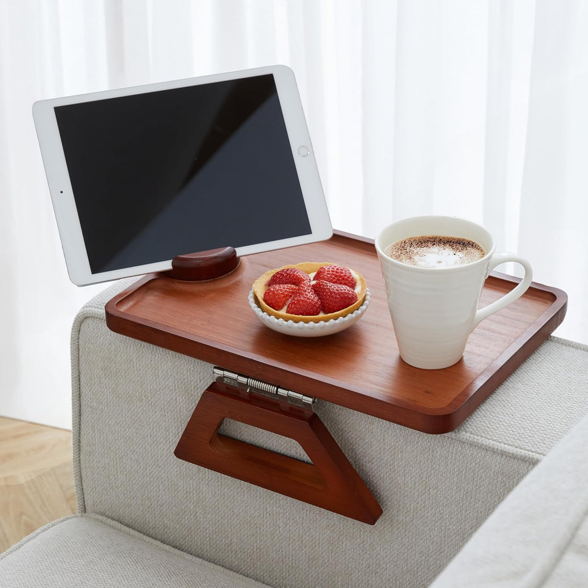 Bamboo Couch Arm Table with Device Holder, Clip On Tray. for TV Dinners, Remotes, Drinks, Snacks and Small Spaces (Rectangular with Device Holder, Brown, Large 15.75 x 11) by Shamrock Home