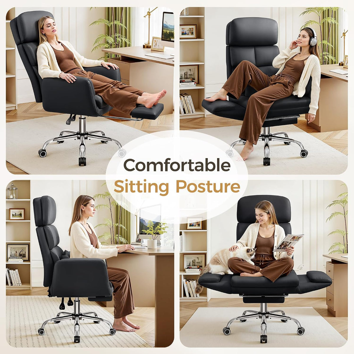 Big and Tall Office Chair 500LBS, Ergonomic High Back Leather Executive Chair, Reclining Swivel with Adjustable Armrests Lumbar Support Footrest, Criss Cross Legged, Black - Image 7