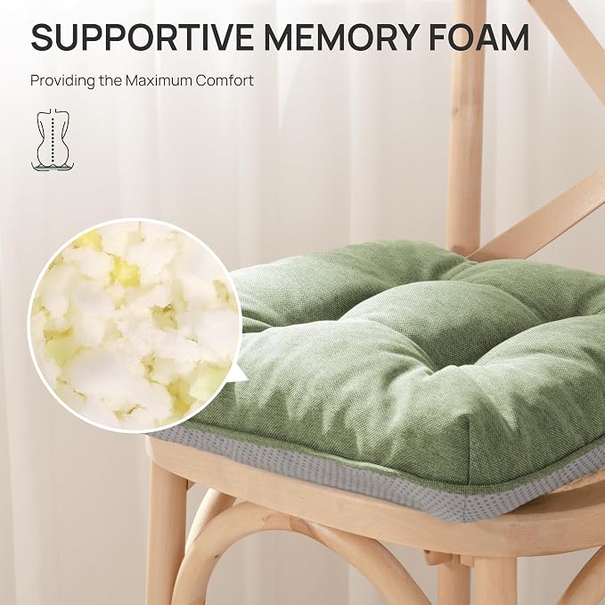 Love's cabin Memory Foam Chair Cushions Set of 4, 15.5 Inch, Green | 15.5"x15.5"x3.5", Indoor & Outdoor Chair Seat Pads with Non-slip Bottom and Ties, for Dining, Kitchen, Office and Patio Chair - Image 3
