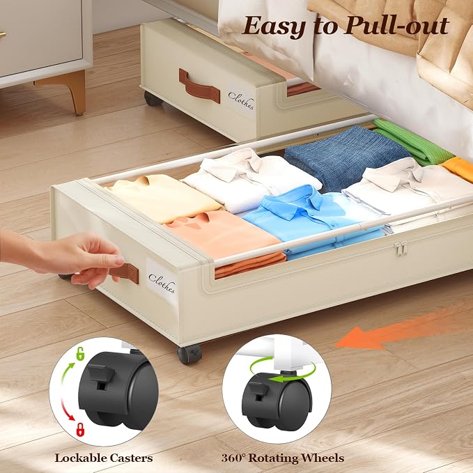 Yecaye Under Bed Storage with Wheels 2 Pack, 85 L Extra Large Under Bed Storage Containers with Metal Frame & Clear Lid, Rolling Underbed Organizer Bins Drawers for Clothes, Shoes, Blankets, Beige - Image 6