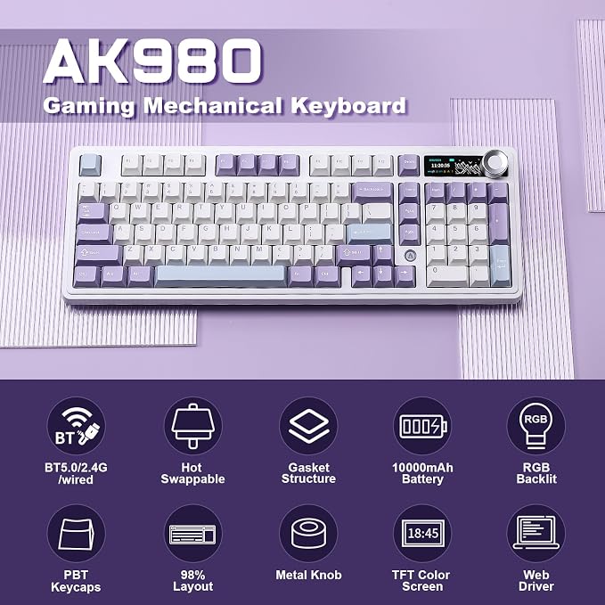 AJAZZ AK980 Mechanical Keyboard, Creamy & Thocky with Smart Display & Knob, 98% Wireless Tri-Mode BT/2.4G/USB-C, Hot Swappable, RGB Light for Win & Mac (Purple, Murad Switch) - Image 2