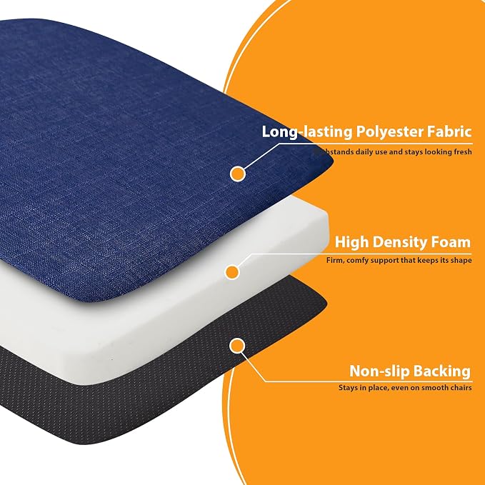 Ruqmuis Chair Cushions for Dining Chairs, 2" Thick Seat Cushions for Kitchen Chairs, D-Shaped Chair Pads with Washable Cover, Ties and Non Slip Backing, 17'' x 16'', Set of 6, Blue - Image 4