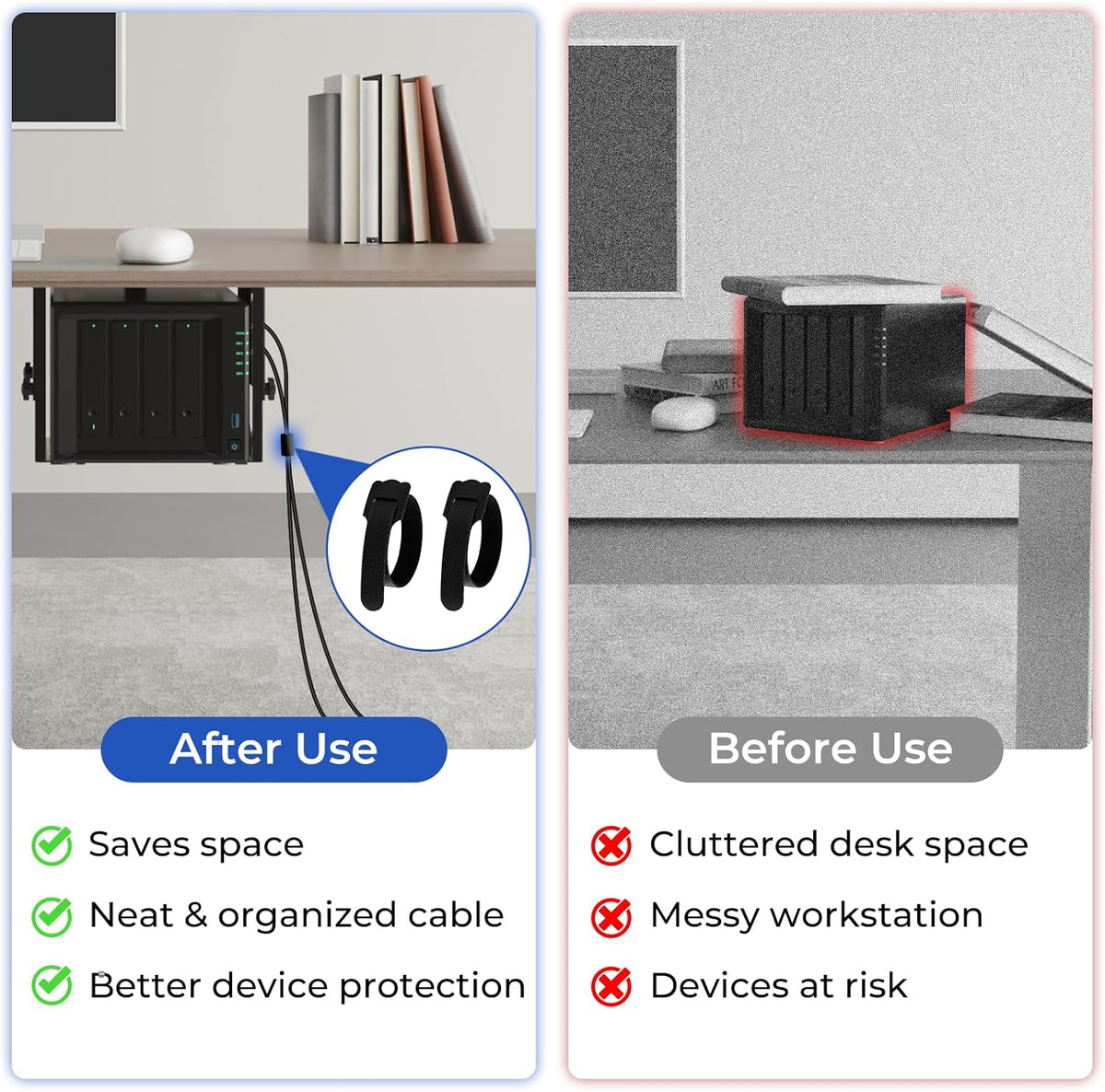 Metal Under Desk Mount for NAS Adjustable Mounting Bracket for Desktop NAS 1/2/4 Bay Network Attached Storage Under Desk Holder for NAS/Small PC/SFF Desktop Tower/CPU/UPS and More with Cable Ties - Image 6
