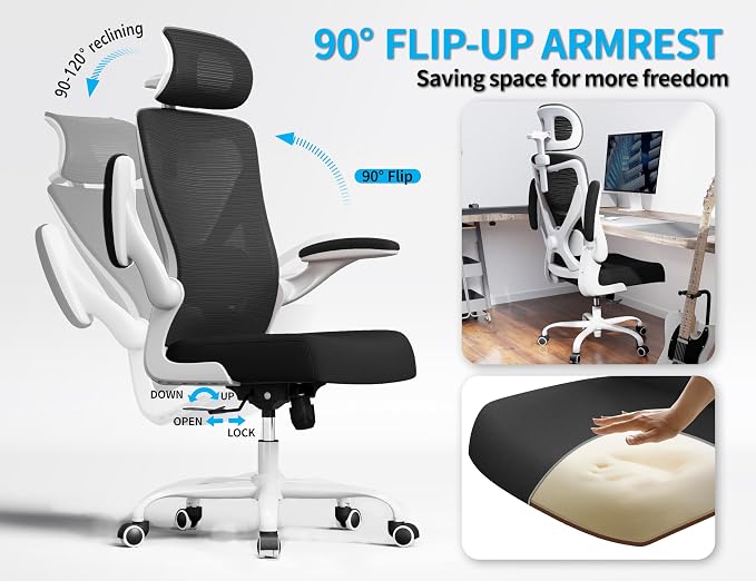 Ergonomic Office Chair: Mesh Desk Chair Comfy with Headrest& Lumbar Support | Ergalithic Big and Tall Office Chairs with Wheels & Flip-Up Arms-Computer Gaming Chairs for Adults Home Office (White Black) - Image 6