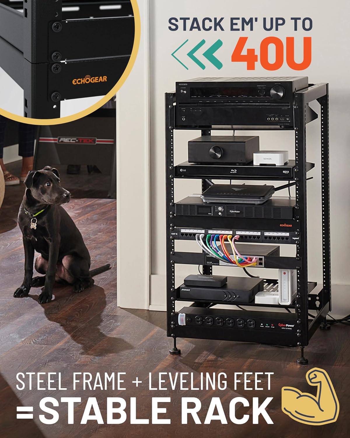 ECHOGEAR 20U Open Frame Rack w/Optimal Air Flow, DIY Assembly, 20.4” Depth - Image 5