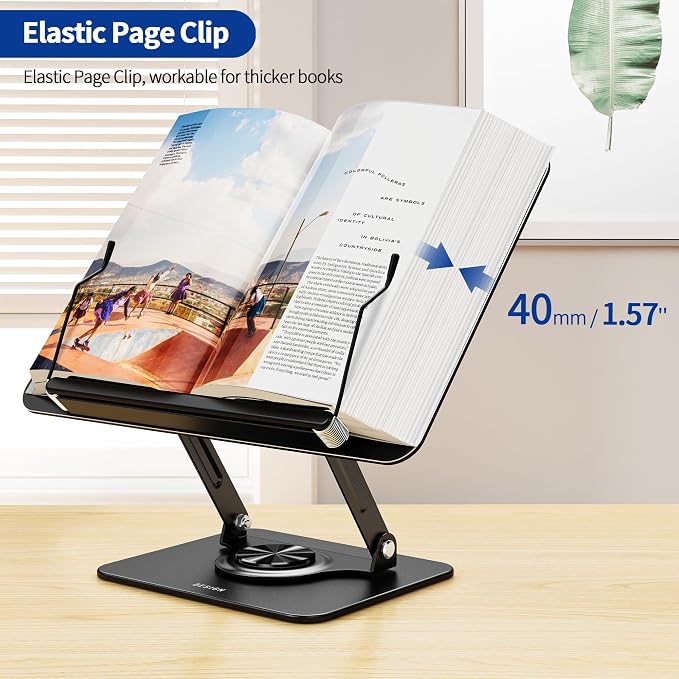 BESIGN BS02 Book Stand for Reading, Adjustable Book Holder, Ergonomic Laptop Stand, Cookbook Stand, Recipe Book Holder with Elastic Page Clips for Music Scores, Recipe, Tablet - Image 2