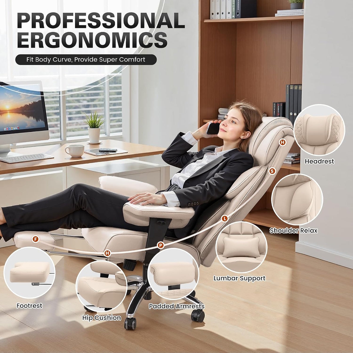 Office Desk Chair, Big and Tall Leather Gaming Chair with Footrest, Wide Ergonomic Comfy Executive High-Back Reclining Computer Chairs, Swivel Rolling Wheels and Padded Lumbar Support, Beige - Image 3