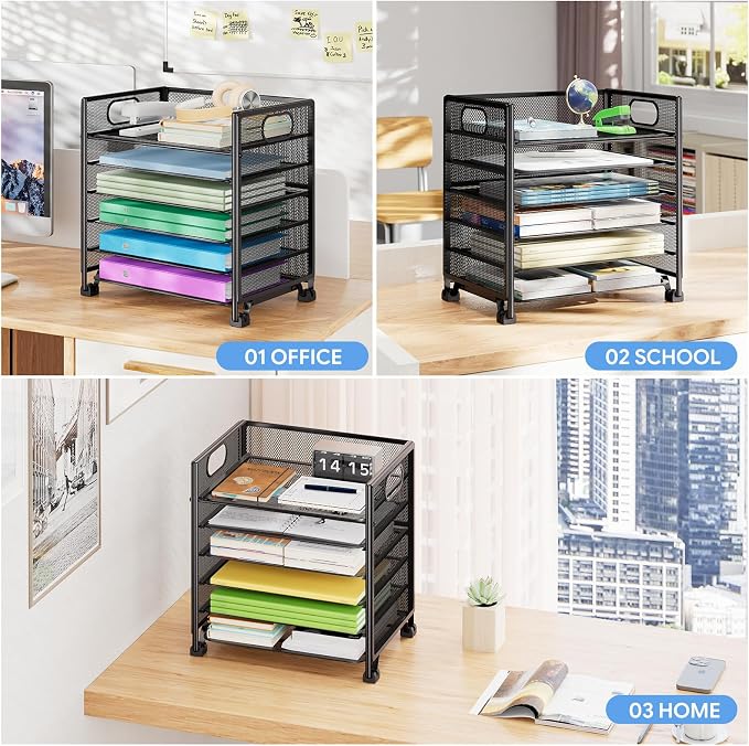 Simple Trending 6-Tier Paper Tray Organizer, File Organizer for Desk, Black | Letter Tray Holder with Handle. Sturdy Metal Frame. Non-slip Feet. Black for Office Home School. 13"L x 8.75"W x 14.6"H - Image 7