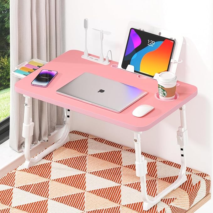 Lap Desk for Bed Adjustable Height with USB Port 23.6" x15.7" Desktop | Storage Drawer, Bookshelf, Fits 17" Laptop, For couch WFH Study, Foldable Non-Slip No Assembly Sturdy Lightweight Pink - Image 9