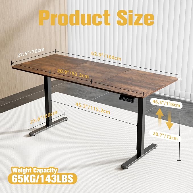 63"x28" Standing Desk, Height Adjustable Sit-Stand Home Office, Brown | Electric Adjustable Standing Desk, Sit to Stand Computer Office Desk with Splice Board, Memory Preset, Lifts 28.7''-46.5" - Image 3