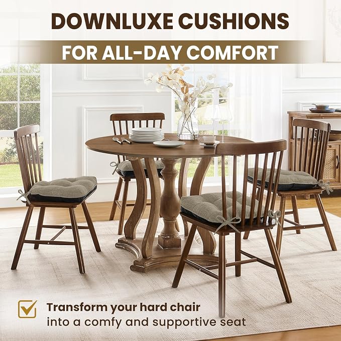 downluxe Indoor Chair Cushions for Dining Chairs, Tufted Overstuffed Textured Kitchen Chair Pads with Ties and Non-Slip Backing, 15.5" x 15.5" x 4", Khaki, 6 Pack - Image 6