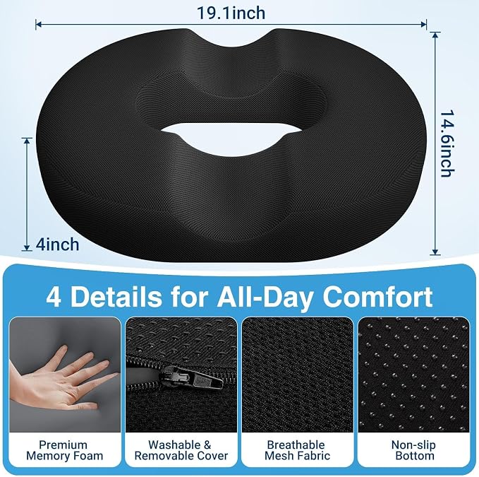 Donut Seat Cushion, Hemorrhoid Pillow, Office Chair Cushion, Black, XX-Large - Image 5