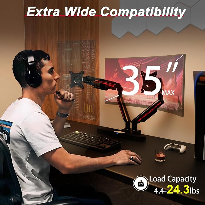 Fydeamer Dual Monitor Arm for 17-35" Screens up to 24.2 lbs, Ergonomic Gas Spring Monitor Stand with Height Adjust, Tilt, Swivel & Cable Management, VESA Desk Mount with 2 Types of Installation, Black - Image 4