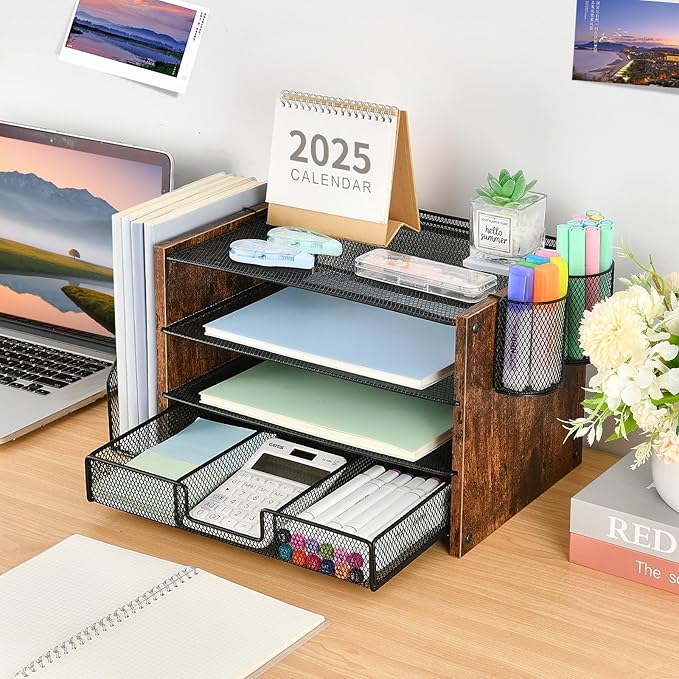 Desk Organizer, 4-Tier Desktop File Organizer with Drawer and Pen Holders, Office Desk Accessories, File Sorters, Workspace Organizers for Office Supplies(Brown Wood) - Image 6
