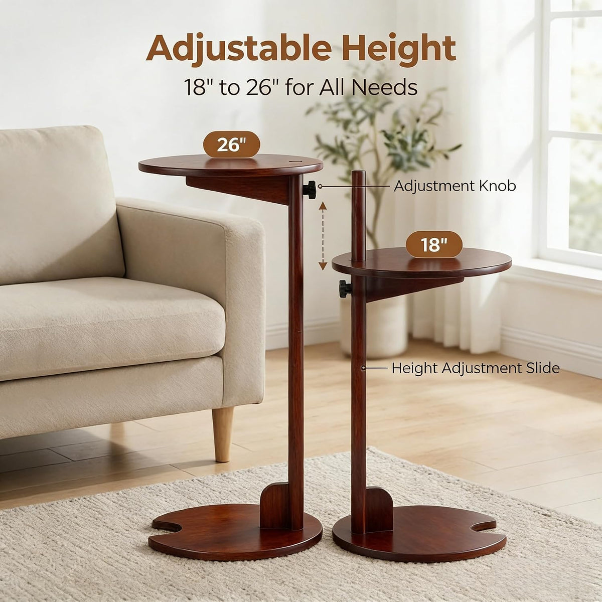 Bamboo C Shaped Table, Pedestal Table for Sofa, Chestnut - Image 7