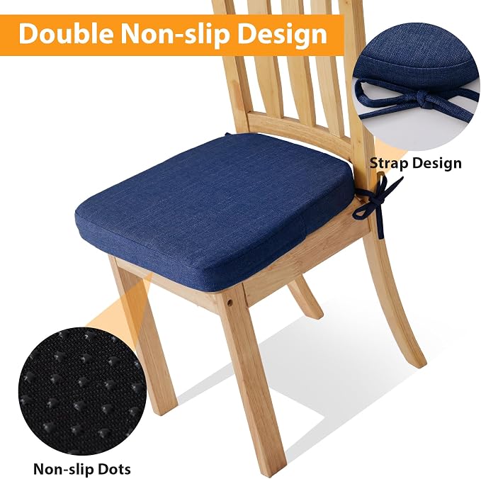 Ruqmuis Chair Cushions for Dining Chairs, 2" Thick Seat Cushions for Kitchen Chairs, D-Shaped Chair Pads with Washable Cover, Ties and Non Slip Backing, 17'' x 16'', Set of 6, Blue - Image 3