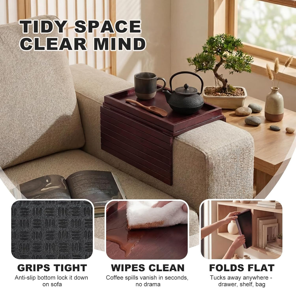 Sofa Arm Tray, Foldable Bamboo Couch Armrest Table with Large 12.5" x 5.8" Storage Compartment, Portable Chair Couch Caddy Arm Tray for Cup TV Snacks Phone (Velvet Mahogany) - Image 2