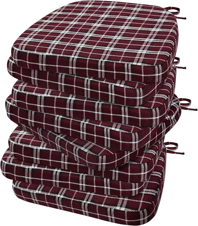 AAAAAcessories D-Shaped Chair Cushions, 2" Thick Dining Chair Pads with Ties and Removable, Machine-Washable Cover, 17" x 16", Set of 8, Red Checkered by AAAAAcessories
