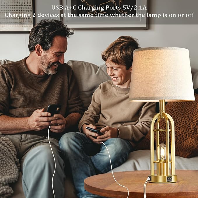 SRJJA Gold Table Lamps for Living Room Set of 2 - Modern Farmhouse Bedside Lamps for Bedroom Night Stands with Nightlight and USB A+C, Industrial Lamp for Living Room End Tables - Image 3