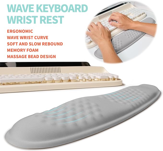 2-in-1 Ergonomic Set, Wave Rise Keyboard Wrist Rest and Massage Bulge Slope Mouse Pad Wrist Support, Cushion Memory Foam Integrated to Relieve Wrist Pain, Silver Gray - Image 2