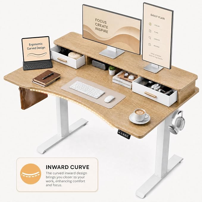Grandder Electric Standing Desk with Two Drawers, CurvedSit to Stand Up Height Adjustable Desk with Storage Shelf for Home Office, 63 * 26 Inch, Study, Ergonomic Adjustable Computer Desk, Oak - Image 9