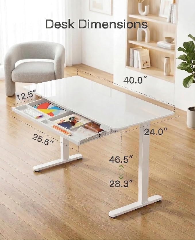 Marsail 40 x 24 inch Glass Standing Desk with 4-Zone Drawer Storage, White | 28.3–46.5 Inch Height Range, One-piece Tempered Glass top, 4 Preset Heights, Sit Stand Design, Ergonomic Home Office Desk - Image 2