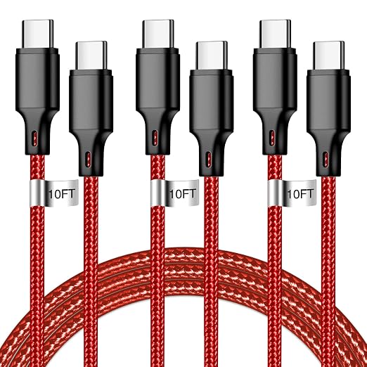 USB C to USB C Cable, 3 Pack 10ft Type C Fast Charger Cord (Red) | Nylon Braided High-Speed Data Transfer Wire for iPhone 17/16/15 Plus/Pro Max iPad Air Ps5 Controller Samsung Galaxy by CUGUNU