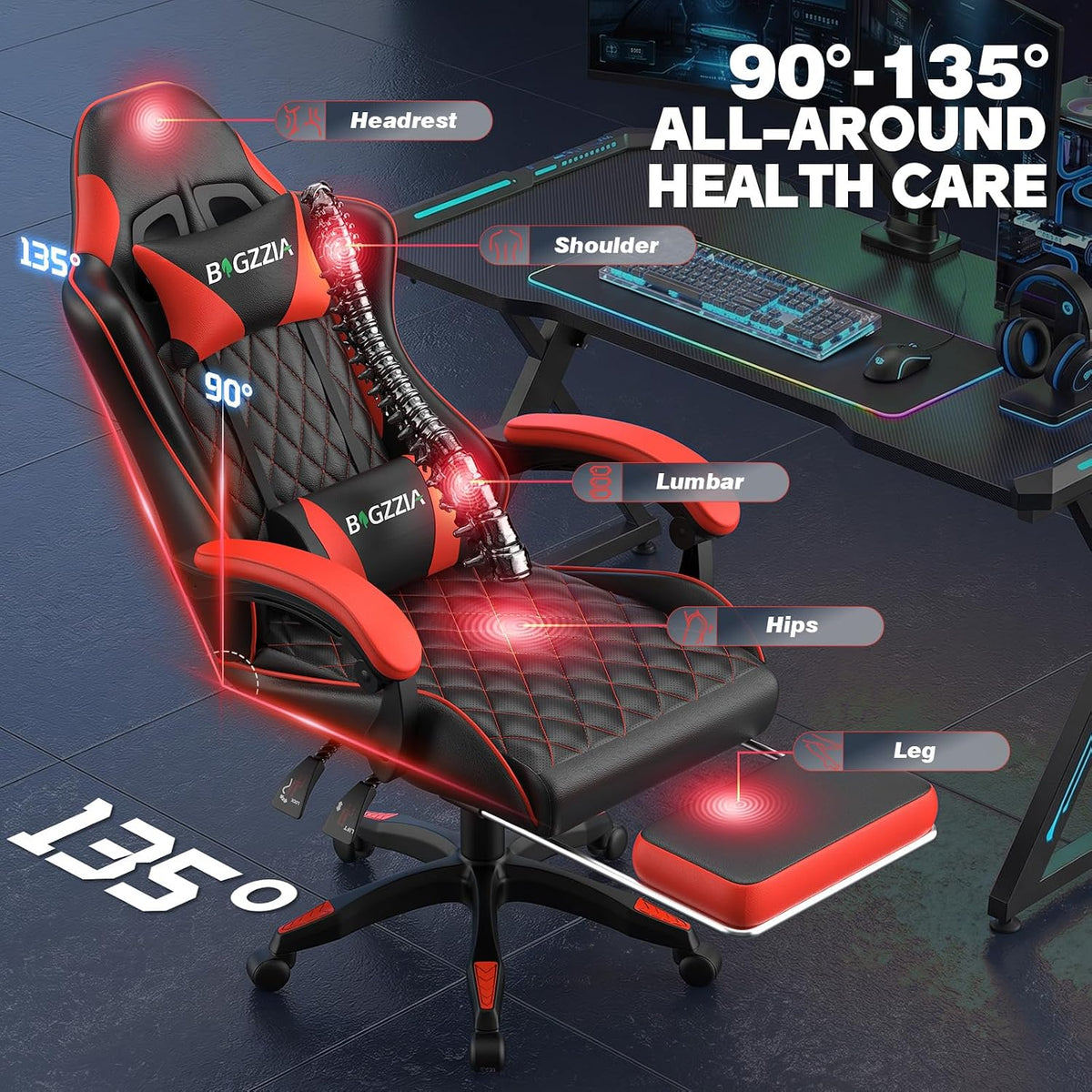 Bigzzia Gaming Chair with Footrest, Comfortable Gamer Chairs Red - Image 6