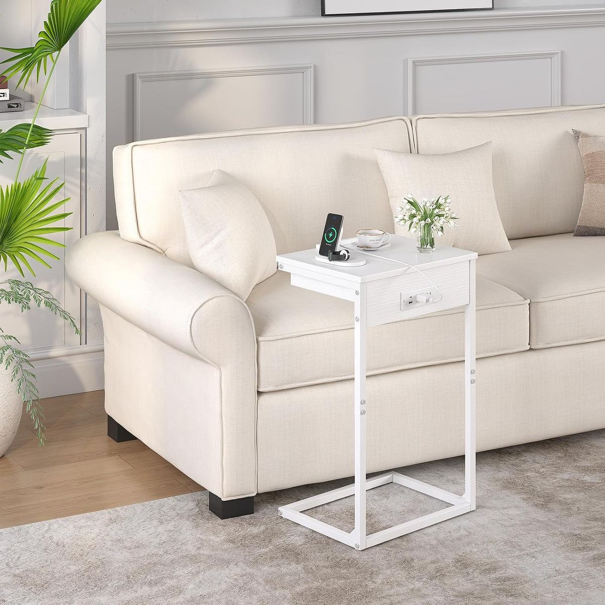 C Shaped End Table with Charging Station, 45° Tiltable Adjustable Flip Top Side Table with Storage,Small C Table for Small Spaces,Slide Under Couch Sofa Bedside Table for Living Room,White - Image 6