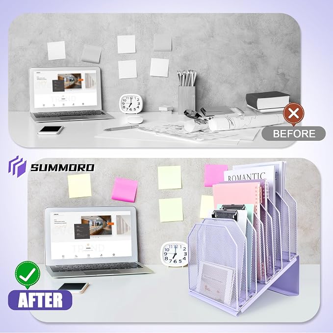 SUMMORO Inclined File Organizer for Desk, 7-Section Vertical File Holder | Office Desk Organizer Metal Rack File Folder, Wire Mesh Desktop Document Sorter, for Office School Classroom Home (Purple) - Image 4